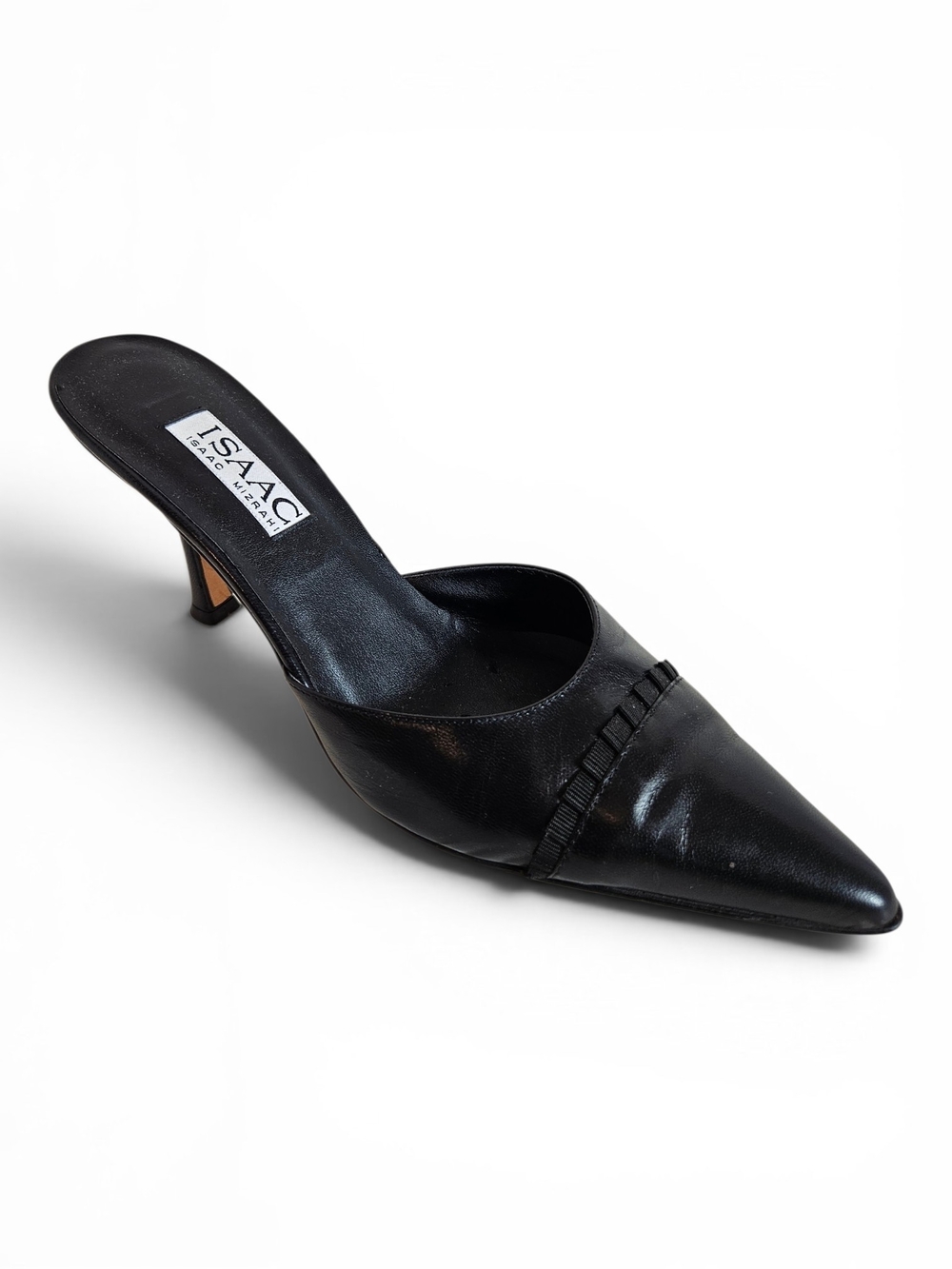 Isaac Mizrahi Mules Size 8 Vintage Leather Pointed Toe Kitten Heel Y2K 90s Black